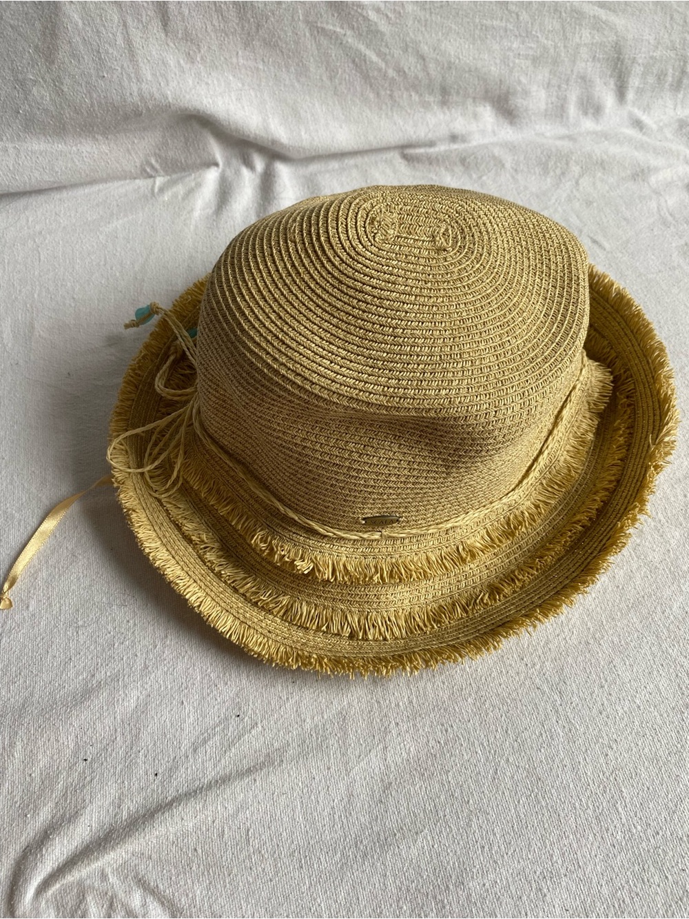 Scala Collezione Women’s Yellow Straw Sun Hat with Fringed Brim and Tie Detail